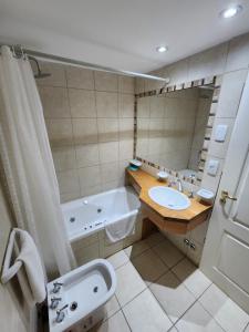 a bathroom with a tub and a sink and a mirror at Mirabeagle Departamentos in Ushuaia +63 photos