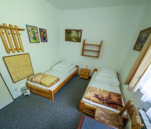 1 dormitorio con 2 camas y ventana en Carynka, en Ustrzyki Górne