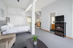 a bedroom with a bed and a tv and a couch at Bright Spacious Studio High Ceilings Emerald Hills in Emerald Lake Hills