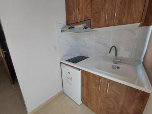 a small kitchen with a sink and wooden cabinets at K & A Studios 1 in Nydri