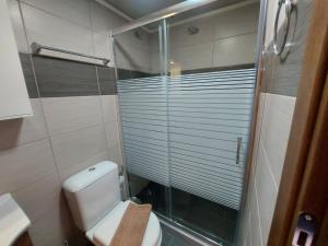 a bathroom with a toilet and a glass shower at K & A Studios 1 in Nydri +27 photos