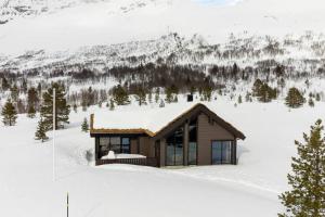 a cabin in the snow with a mountain at Tonningssætra Mountain Lodge in Stryn +21 photos