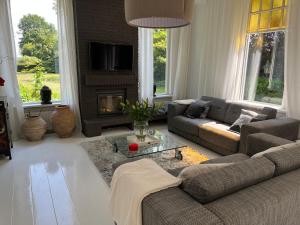 salon z kanapą i kominkiem w obiekcie domaine de la bergerie w mieście Zuid-Beijerland