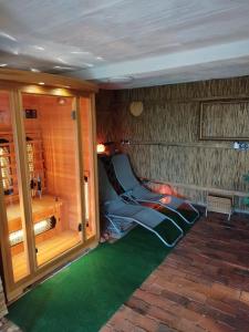 una habitación con un gimnasio con alfombra verde en ARK-LAK, 