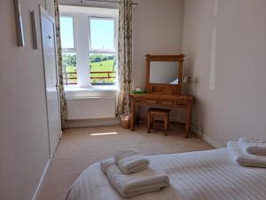 um quarto com uma cama, uma secretária e um espelho em Bogrie Cottage em Canonbie