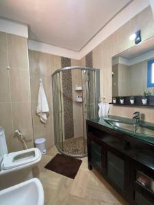 uma casa de banho com um chuveiro, um WC e um lavatório. em Séjour sable et mer: Jardin privé, Plage à 2 pas em Skhirat