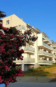 an apartment building with a flowering tree in front of it at Apartment Beach in Świnoujście
