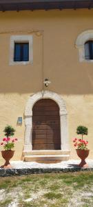 a building with a wooden garage door with two plants at Casa Fra Ambrogio in Pizzoli