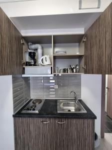 a kitchen with a sink and a counter top at Sissy's Boutique Apartments in Paralia Katerinis