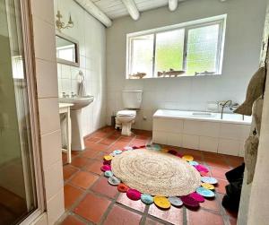 uma casa de banho com WC e um tapete no chão em Tranquility em Hermanus