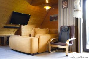 uma sala de estar com um sofá e uma cadeira em 71 square meters Condo in Schwarzwald with beautiful mountain view, free wifi em Schönwald