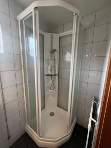 een douche met een glazen deur in de badkamer bij Engimyri Lodge in Akureyri