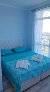 a blue bedroom with a bed with two pillows and a window at Hotel BT in Chakvi