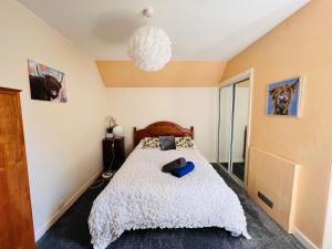 1 dormitorio con cama y lámpara de araña en Park Road Holiday Home, en Rosyth