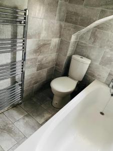 a bathroom with a toilet and a bath tub at Contemporary 2nd floor shared flat near Bedford train station in Bedford