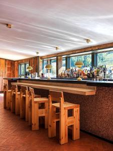 a bar with a row of wooden chairs and a counter at Little Cat Lodge in Hillsdale