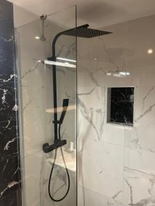 uma casa de banho com uma cabeça de chuveiro em Hôtel Restaurant Clément ADER em Muret