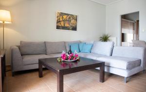 a living room with a couch and a coffee table at Nest Aegina Apartments in Perdika