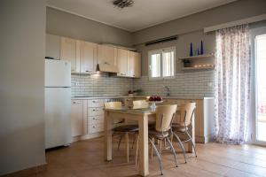 a kitchen with a table and chairs and a refrigerator at Nest Aegina Apartments in Perdika