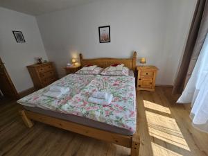 um quarto com uma cama e duas mesas de cabeceira em Apartmán u Labe em Děčín