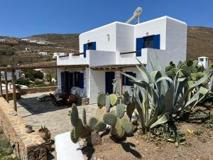 une maison blanche avec des cactus en face dans l'établissement Aegean Paradise, Kythnos, Naousa, à Kythnos