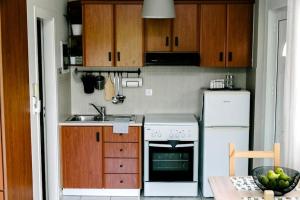 a kitchen with wooden cabinets and a white stove top oven at Στούντιο δίπλα στο πανεπιστήμιο και το νοσοκομείο in Ioannina