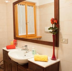 a bathroom with a sink and a mirror and a vase of flowers at La Casa Dei Boschi in San Marino +23 photos