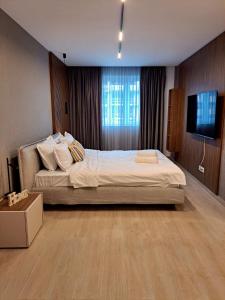 um quarto com uma cama grande e uma televisão de ecrã plano em JAD - Luxury - 3 Room Apartments - Urban Plaza em Brasov