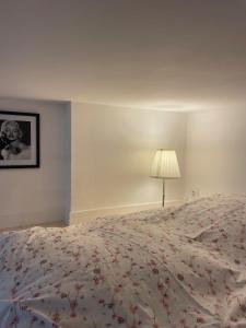 um quarto com uma cama grande e um candeeiro em Le petit Louis Fort - Studio cosy-Gratte Ciel em Villeurbanne