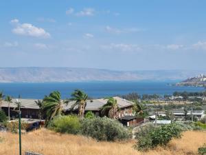 a house with palm trees and the ocean in the background at Magdala Infront Sea of Galilee and Mount Harbel in Migdal