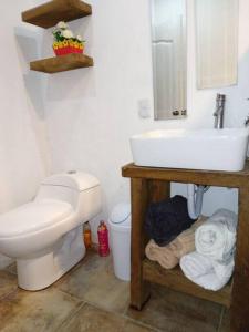 een badkamer met een witte wastafel en een toilet bij Hermosa cabaña en zacatlan puebla la escondida in Jicolapa