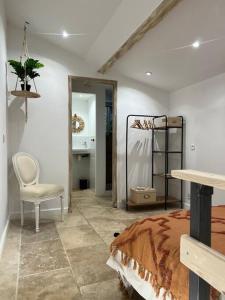 um quarto com uma cama, uma cadeira e um espelho em Studio * Calme & Cosy * em Arles