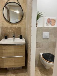 uma casa de banho com um lavatório, um espelho e um WC. em Studio * Calme & Cosy * em Arles