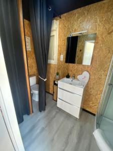 uma casa de banho com um lavatório, um WC e um espelho. em Mini Love Room jacuzzi privatif em Uriménil