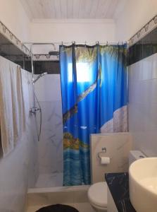 a bathroom with a shower with a blue shower curtain at Sea and Garden House in Psakoudia