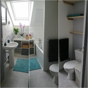 two pictures of a bathroom with a toilet and a sink at Maison avec Borne de recharge in Rolampont