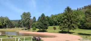 a park with benches and a river and trees at Léonie in Walscheid