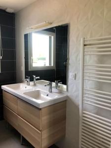 uma casa de banho com um lavatório, um espelho e um chuveiro em Maison Neuve à St-Thégonnec em Saint-Thégonnec