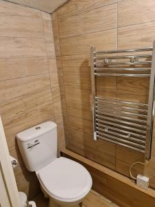 een badkamer met een wit toilet en een houten muur bij SOFT PILLOW in North Woolwich