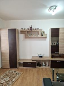 - un salon avec des placards en bois et du parquet dans l'établissement Apartament Adela, à Brezoi