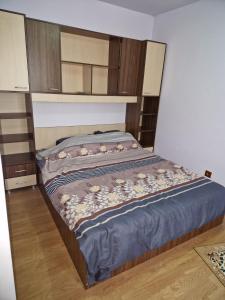 Cette chambre comprend un grand lit et des placards en bois. dans l'établissement Apartament Adela, à Brezoi