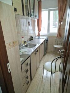 - une petite cuisine avec un évier et 2 chaises dans l'établissement Apartament Adela, à Brezoi