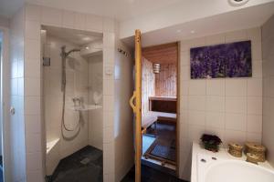 La salle de bains est pourvue d'une douche, de toilettes et d'un lavabo. dans l'établissement B en B En Route, à Berg en Terblijt