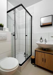 ein Bad mit einer Dusche, einem WC und einem Waschbecken in der Unterkunft Sali - R6 - Apartmenthaus, WLAN, TV in Remscheid