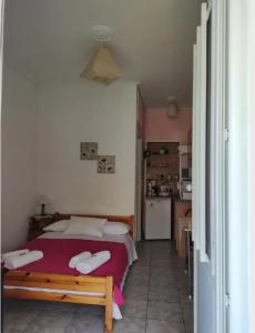 1 dormitorio pequeño con 1 cama y cocina en Sunny Room Lefkada en Lygia