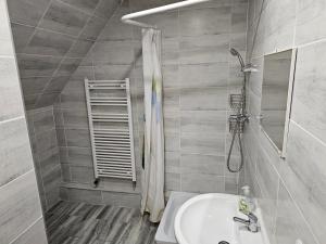 uma casa de banho com um lavatório e um chuveiro em Végvári Hotel Eger em Eger