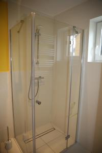 W łazience znajduje się prysznic ze szklanymi drzwiami. w obiekcie Domki całoroczne Morzemoze w Jastrzębiej Górze