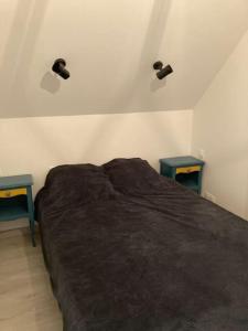 ein Schlafzimmer mit einem Bett mit zwei Nachttischen und zwei Tischen in der Unterkunft Le Paradis de la Seine 