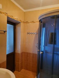 een douche met een glazen deur in de badkamer bij Lake Ohrid Guesthouse "Villa Valentina" in Pogradec