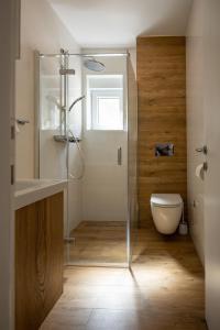 ein Bad mit einer Dusche und einem WC in der Unterkunft Lea Apartments in Drage